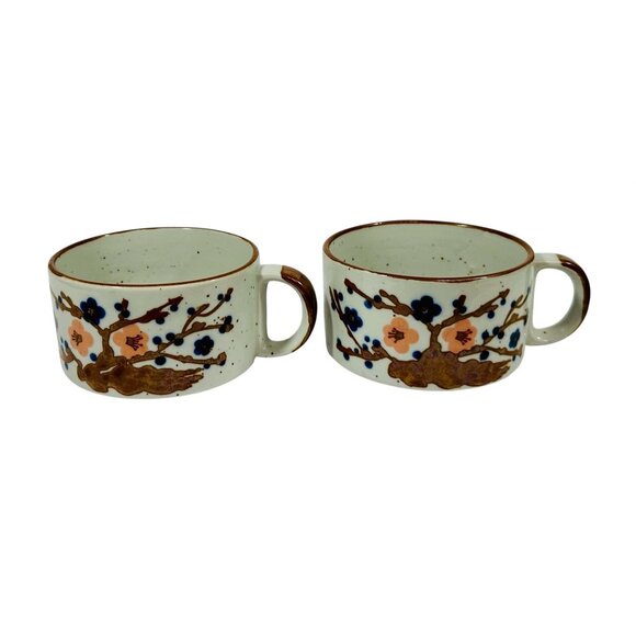 Vintage Korean Ceramic Stoneware Soup Mugs Floral Design Hand-Painted Brown & Wh - Picture 2 of 15